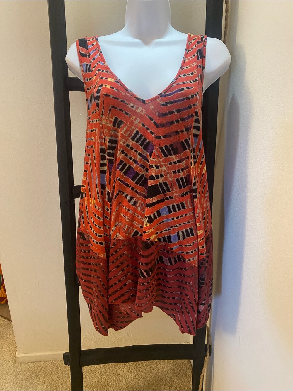 Free People Red Multi V-Neck Printed Tunic Tank